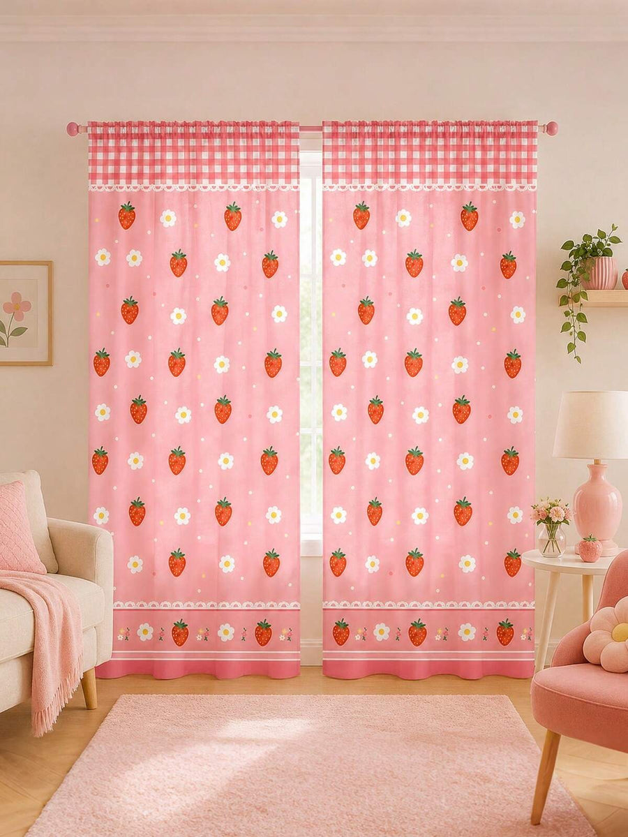 2pcs Strawberry Print Curtains,Pink Gingham Scallop Valance Rod Pocket Drapes,French Country Style Bedroom Curtains,Sweet Aesthetic Living Room Decor,Kitchen Window Treatments,Vintage Pink Home Textiles